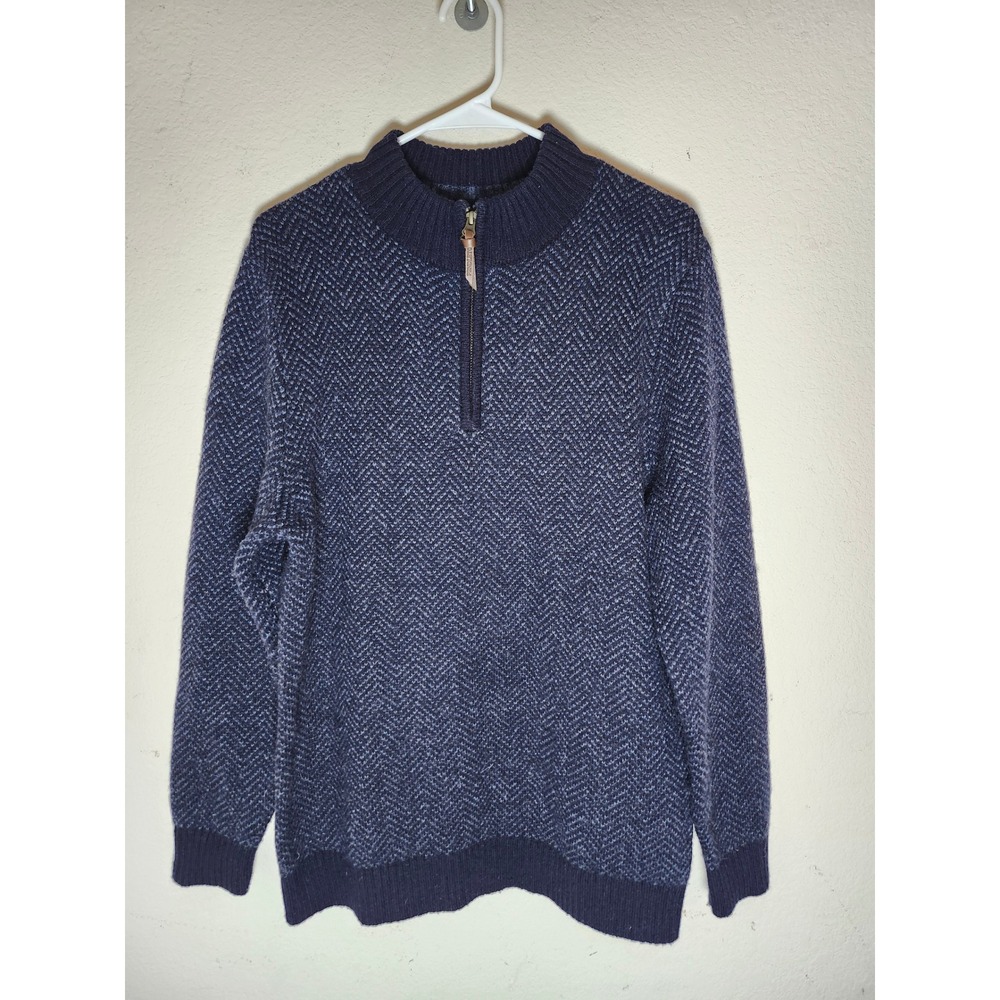 Pendleton Quarter Zip Sweater Mens S Blue Herringbone Shetland Wool Leather Pull